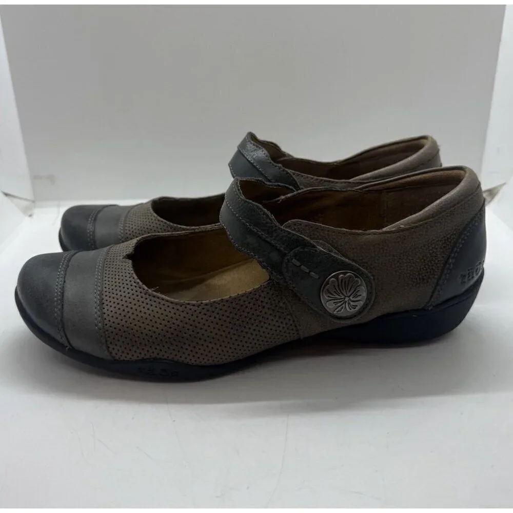 Taos Bravo Mary Jane Women's 8W Shoes Flats 13241 Brown Gray Leather Hook & Loop